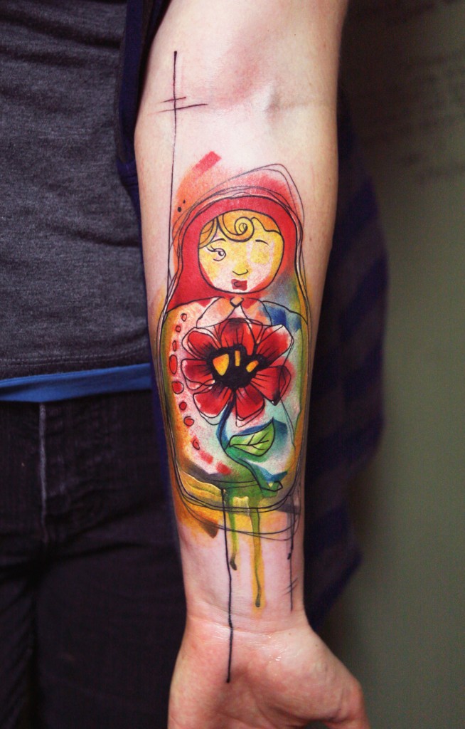 Watercolor Matryoshka Tattoo On Left Forearm