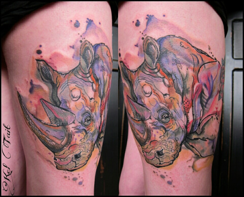 Watercolor Rhino Head Tattoo On Thigh