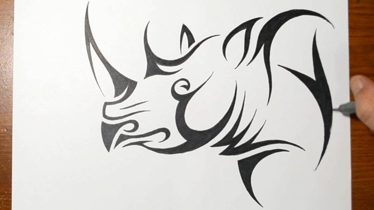 Wonderful Black Tribal Rhino Head Tattoo Stencil