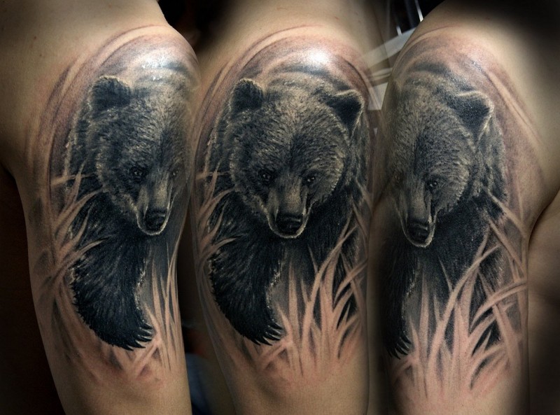 Wonderful 3D Bear Tattoo Design For Shoulder