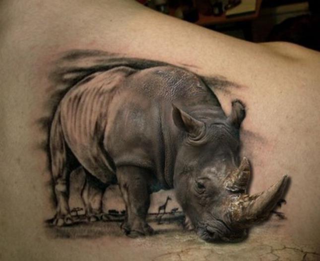 Wonderful 3D Rhino Tattoo On Right Back Shoulder