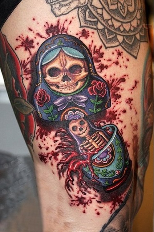 Zombie Matryoshka Tattoo On Leg