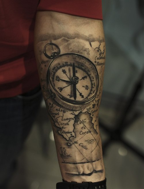 3D Compass With Map Tattoo On Forearm