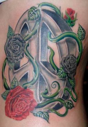 3D Peace Logo With Roses Tattoo Design