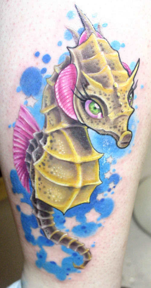 Amazing 3D Seahorse Tattoo Design For Thigh