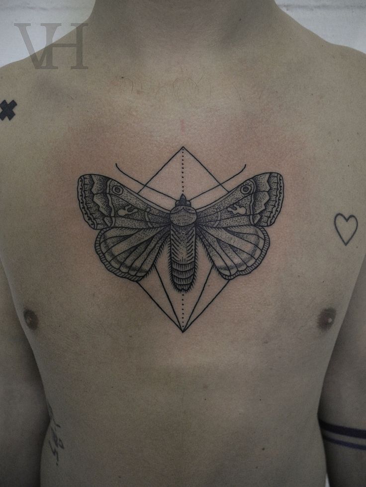 Amazing Black And Grey Moth Tattoo On Man Chest