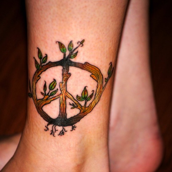 Amazing Branch Peace Logo Tattoo On Leg