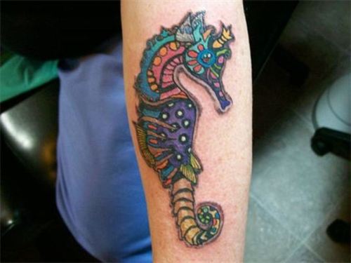 Amazing Colorful Seahorse Tattoo Design For Arm