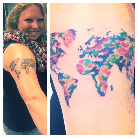 Amazing Colorful World Map Tattoo On Women Right Shoulder