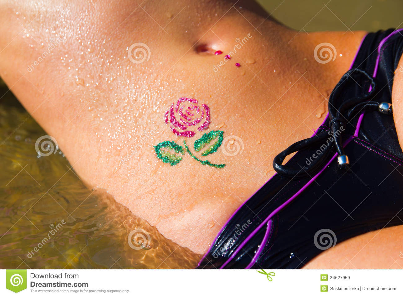 Amazing Glitter Rose Tattoo On Stomach