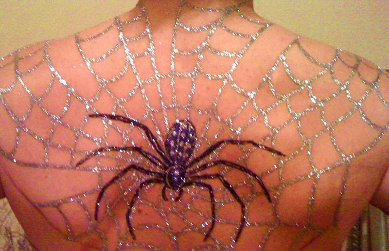 Amazing Glitter Spider With Web Tattoo On Man Upper Back