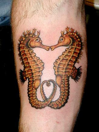 Amazing Two Seahorse Tattoo Design For Leg