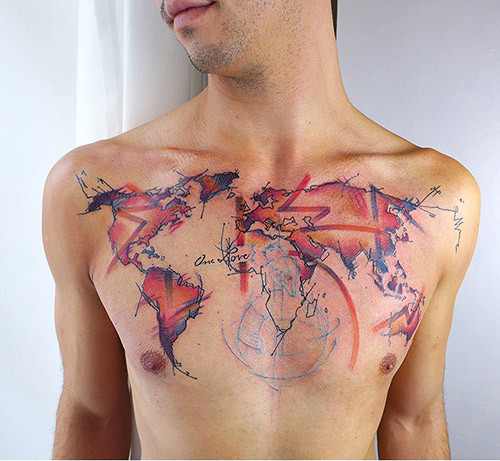Attractive Colorful Map Tattoo On Man Chest