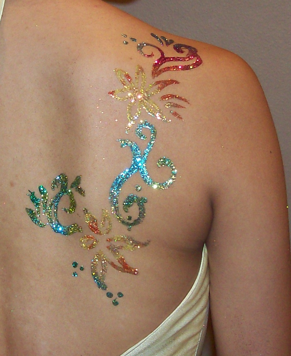 Awesome Glitter Flowers Tattoo On Right Back Shoulder