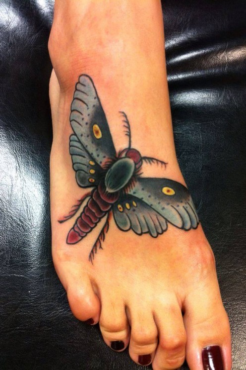 Awesome Moth Tattoo On Girl Foot