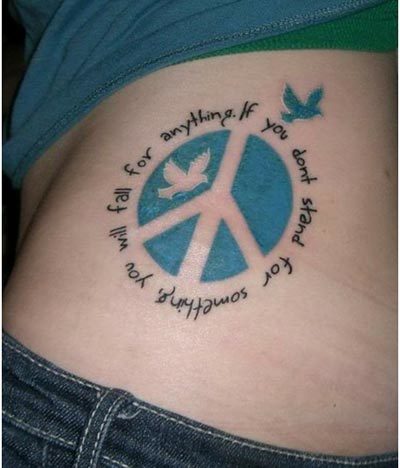 Awesome Peace Logo With Two Flying Birds Tattoo Design For Side Rib