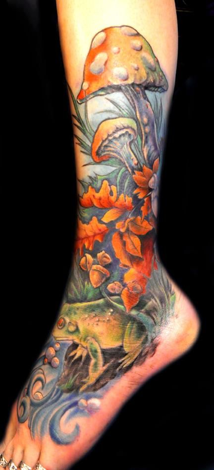 Beautiful Realistic Mushroom Tattoo On Leg And Foot