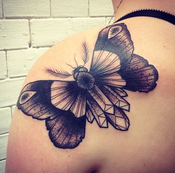 Best Black Ink Moth Tattoo On Left Back Shoulder