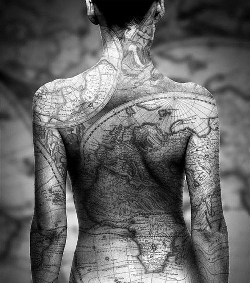 Black And Grey Map Tattoo On Girl Full Body