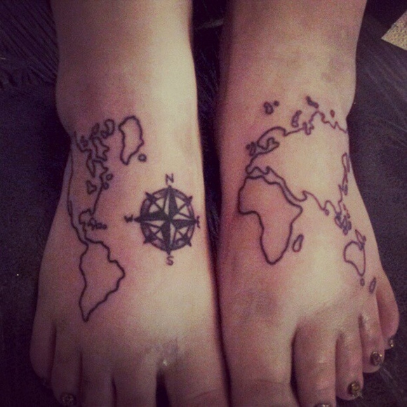 Black Compass With Map Tattoo On Girl Feet