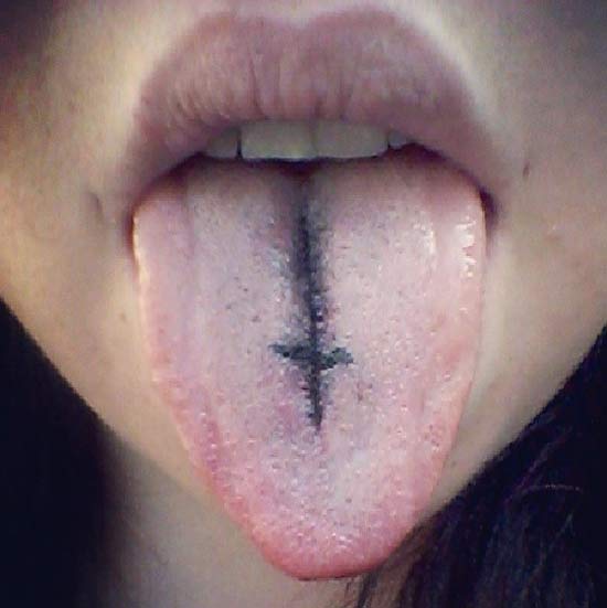 Black Cross Tattoo On Tongue