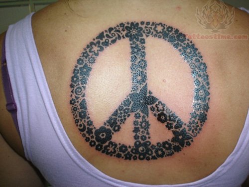 Black Flowers Peace Logo Tattoo Design For Upper Back