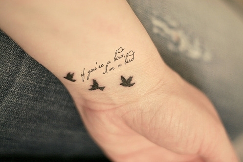 Black Flying Birds And Quote Tattoo On Wrist