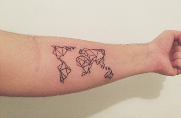 Black Geometric World Map Tattoo On Forearm