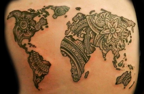 Black Heena In World Map Tattoo Design