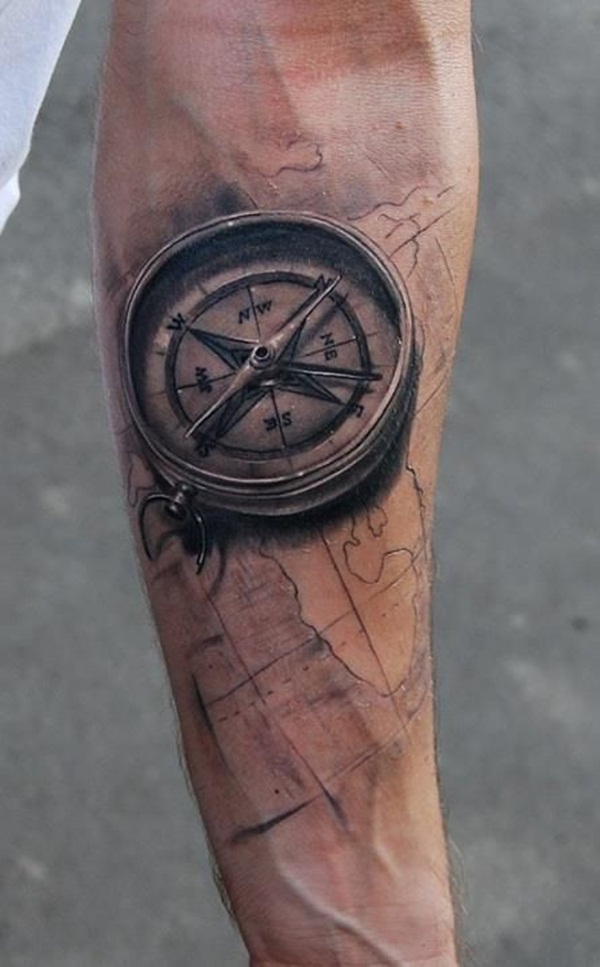 Black Ink 3D Compass With Map Tattoo On Forearm