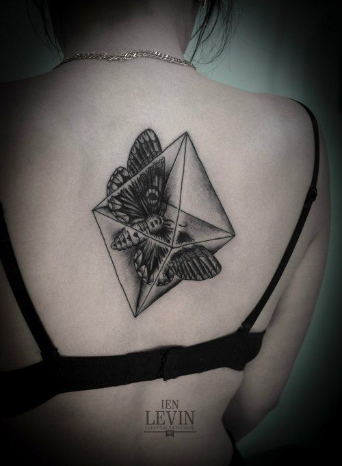 Black Ink 3D Moth In Diamond Tattoo On Girl Upper Back