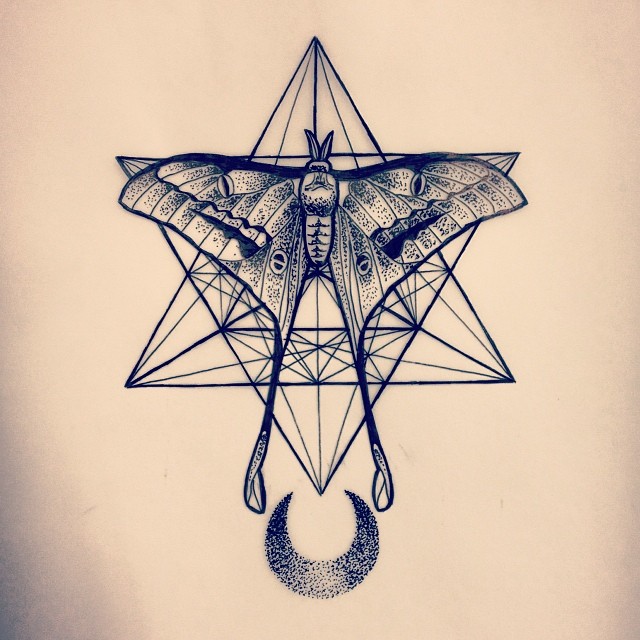 Black Ink Geometric Moth With Half Moon Tattoo Design By Amber Jane