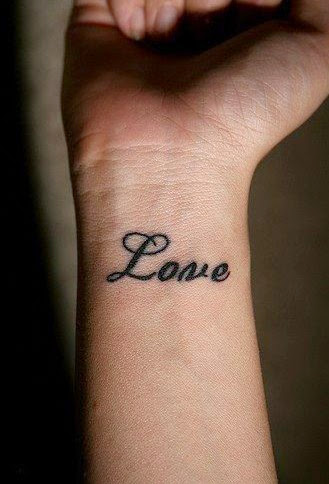 Black Ink Love Word Wrist Tattoo For Women
