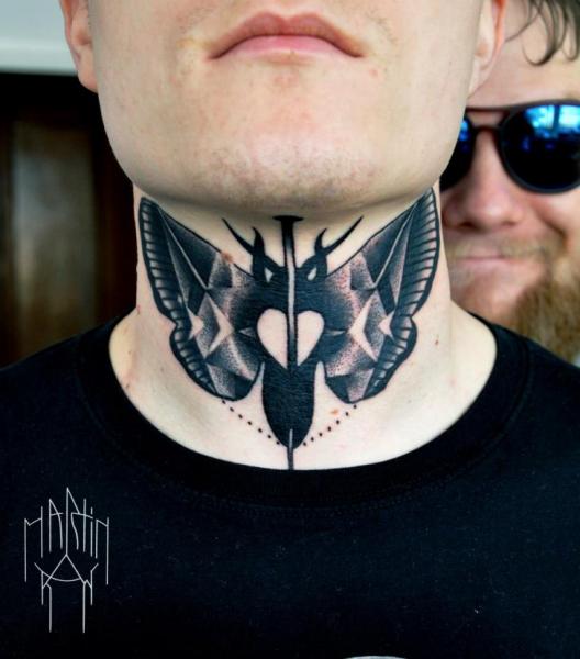 Black Ink Moth Tattoo On Man Neck