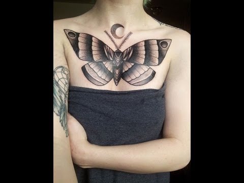 Black Ink Moth With Half Moon Tattoo On Girl Collarbone