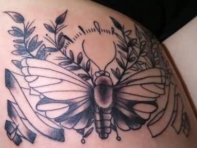 Black Ink Moth With Ribbon Tattoo Design