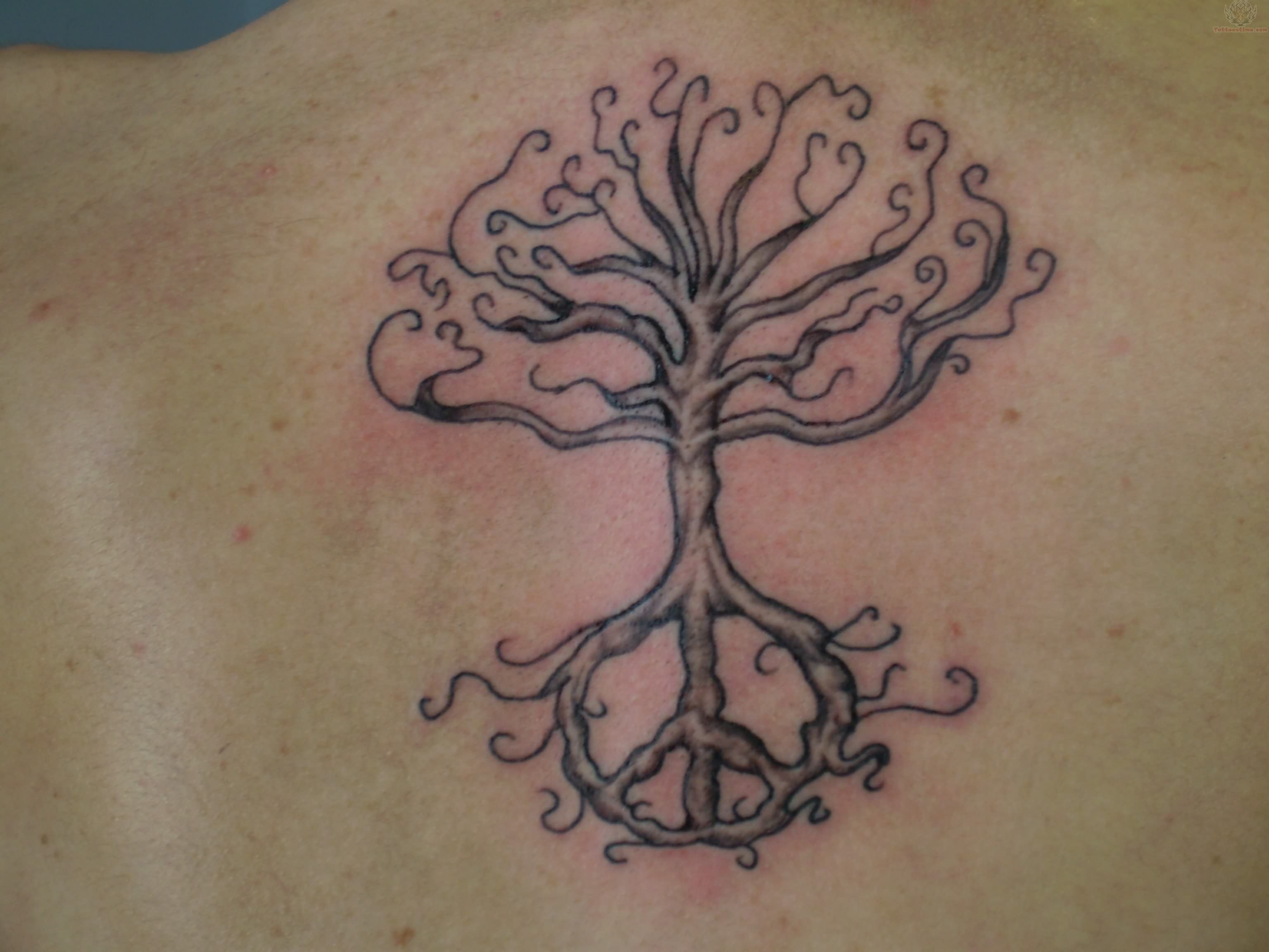 Black Ink Peace Logo Root Tree Tattoo Design For Upper Back