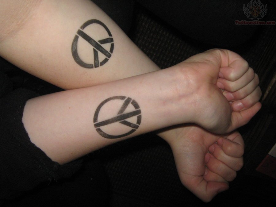Black Ink Peace Logo Tattoo On Couple Forearm