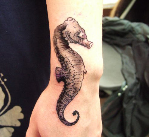 Black Ink Seahorse Tattoo Design For Hand