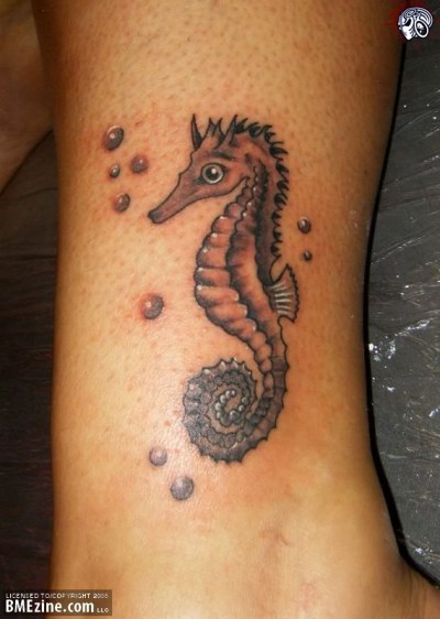 Black Ink Seahorse Tattoo Design For Leg