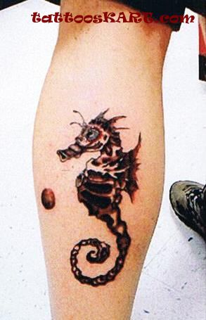 Black Ink Seahorse Tattoo On Leg Calf