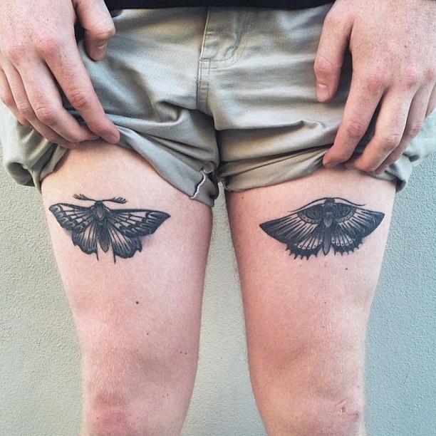 Black Ink Two Moth Tattoo On Both Thigh