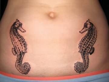 Black Ink Two Seahorse Tattoo Design For Stomach