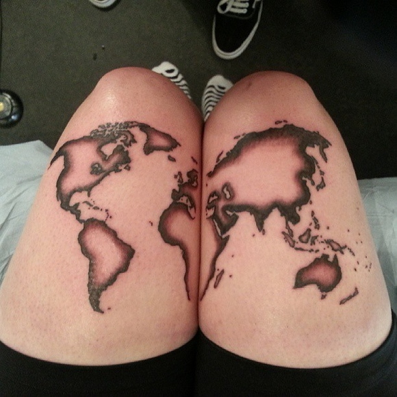 Black Ink World Map Tattoo On Both Thigh