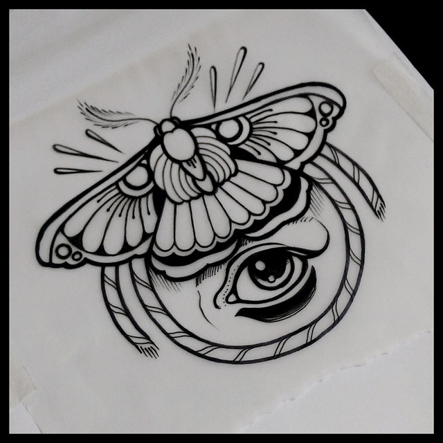 Black Moth With Eye Tattoo Stencil