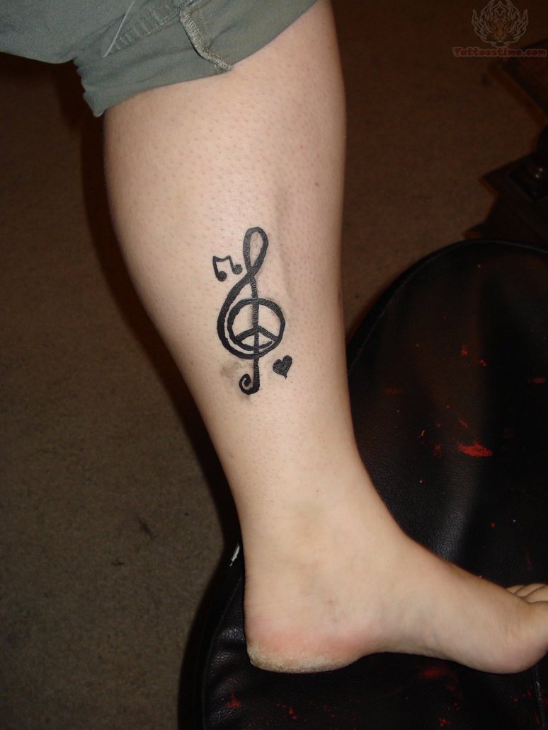 Black Music Knot Peace Logo With Heart Tattoo On Leg