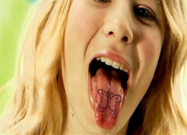 Black Outline Butterfly Tattoo On Girl Tongue