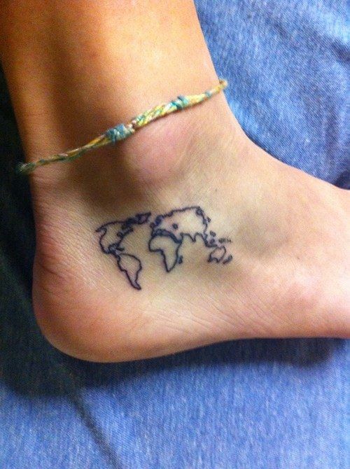 Black Outline World Map Tattoo On Ankle