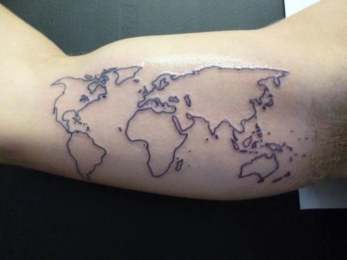 Black Outline World Map Tattoo On Bicep By Chastitie