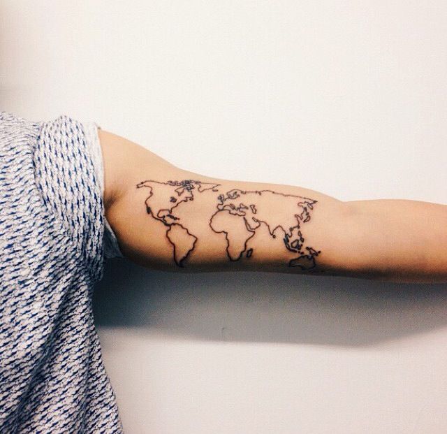 Black Outline World Map Tattoo On Bicep